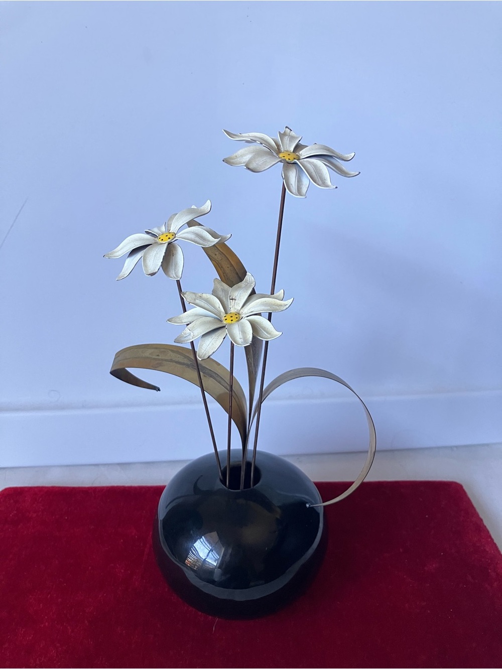 MCM Vintage White Metal Copper Bread Enamel Tole Flowers Glass Base Mario Jason.